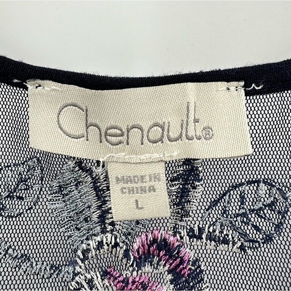 CHENAULT Women’s Navy Blue Top With Floral Embroidered Sheer Sleeves Size Large - Picture 6 of 8